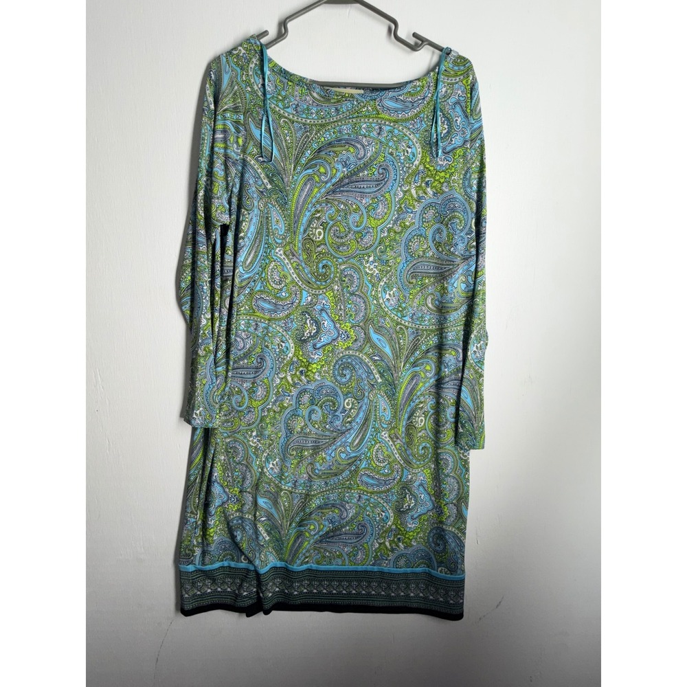 Michael Kors Paisley Dress 1X Blue Green Long Sleeve Boat Neck Sheath